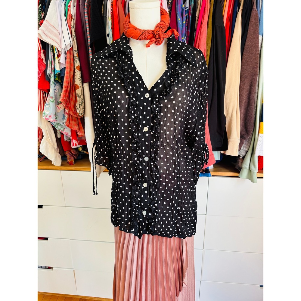 Cavir Blouse Womens XL Black‎ Polka Dot Ruffle V-Neck Sheer Vintage Y2K 90s Top